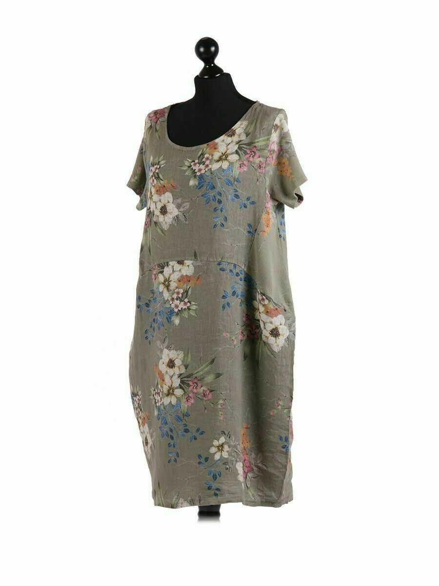 NEW Ladies FLORAL Summer Italian Womens Lagenlook LINEN Scoop Neck POCKET DRESS